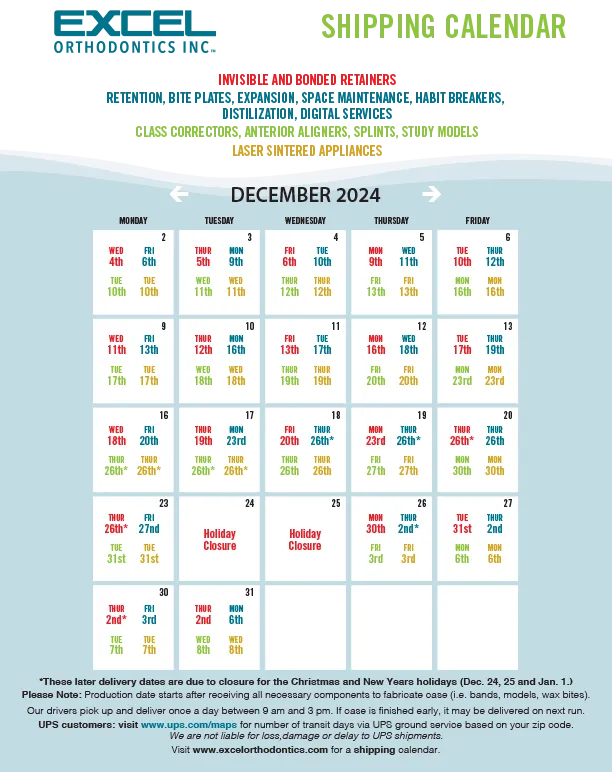 Excel Orthodontics Lab Shipping Calendar for December 2024