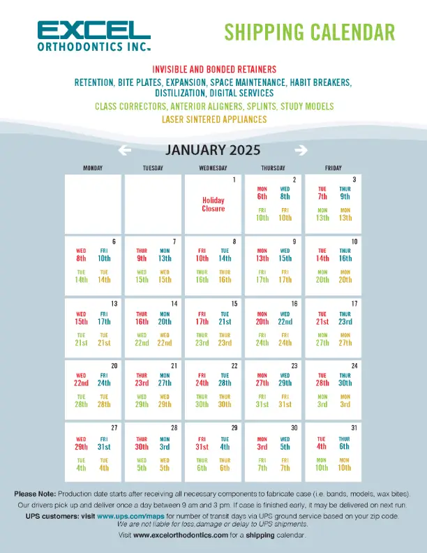 Excel Orthodontics Lab Shipping Calendar for December 2024