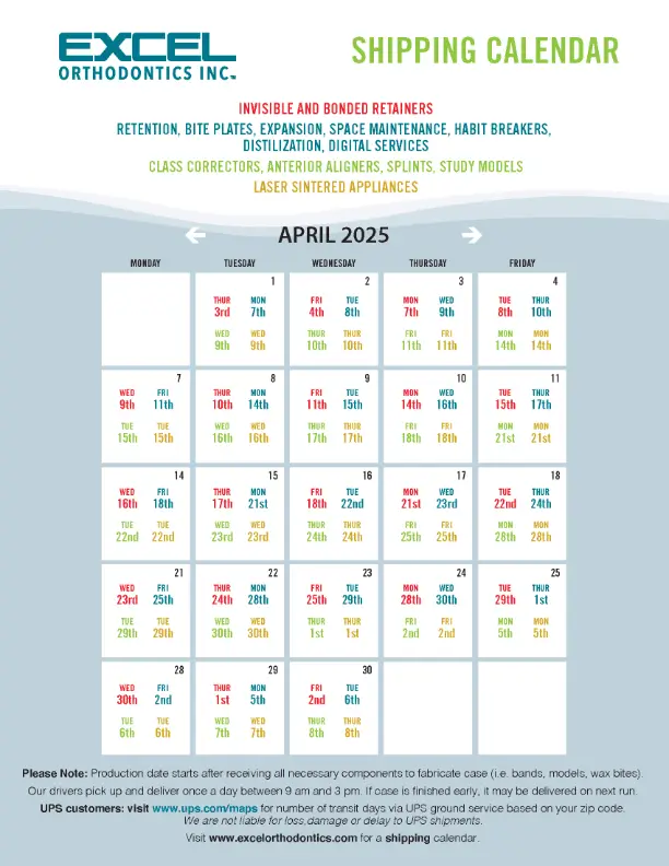 Excel Orthodontics Lab Shipping Calendar for December 2024