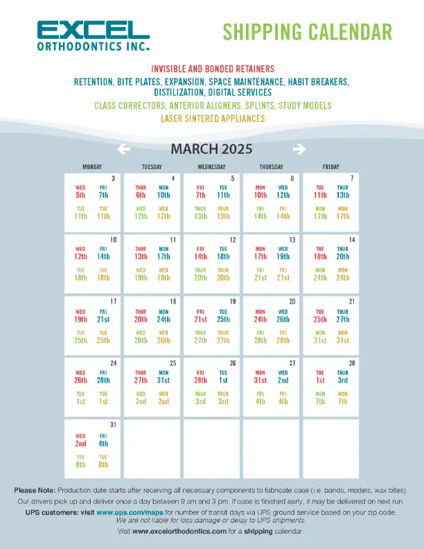 Excel Orthodontics Lab Shipping Calendar for December 2024